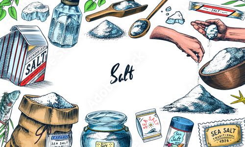 Sea salt poster or banner. Glass bottles, packaging and and leaves, wooden spoons, powdered powder, spice in the hand. Vintage background. Engraved hand drawn sketch.