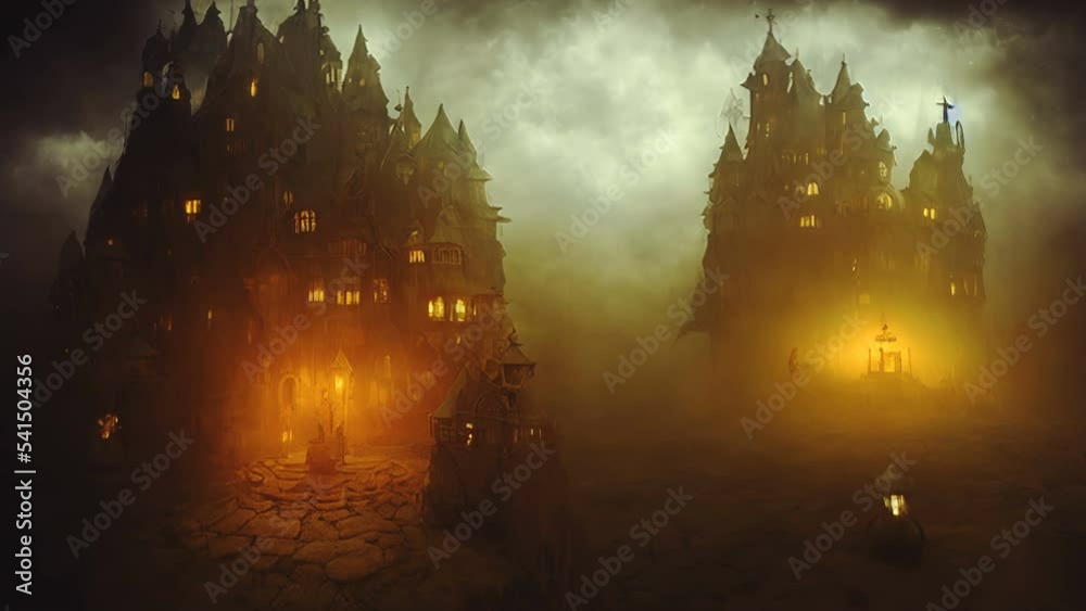 Generative AI animation of surreal painting of magic landscapes with houses,lanterns and clouds. Digital image painted dark fairytale fantasy in impressionism style.