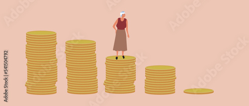 Graph of coins and old person, flat vector stock illustration as concept of reducing income or pensions, economic crisis