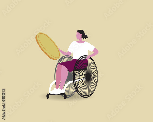 Wheelchair invalid as consumer with coin as symbol of money, flat vector stock illustration is isolated for design