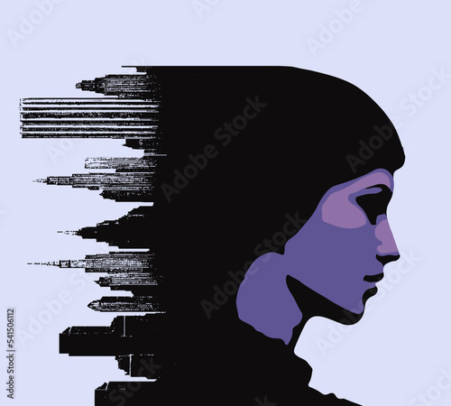 Womans Profile and the City - Double Exposure, vector clipart