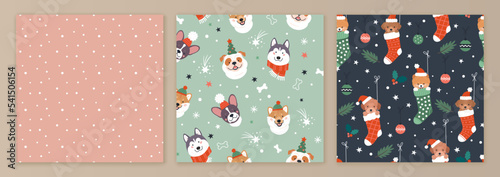 Christmas and Dogs patterns collection. Vector illustration of three flat seamless patterns with cute cartoon puppies in Christmas hats and socks, and a snowing abstract pattern