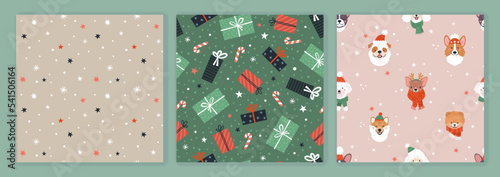 Christmas and Dogs patterns collection. Vector illustration of three flat seamless patterns with cute cartoon puppies in funny Christmas hats, gift boxes, and abstract pattern with stars