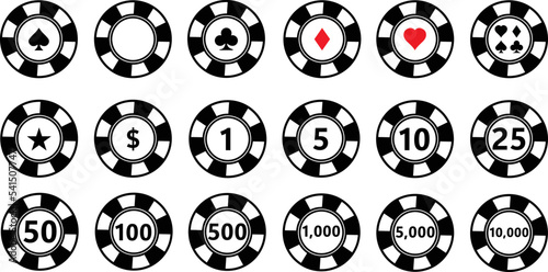 Casino coins chip set on white background. Poker Chips sign. The value 5,10,25,50,100,500,1000. flat style.
