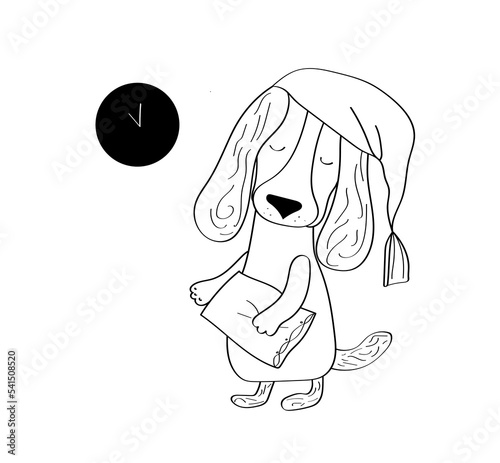 Hand drawn doodle cute dachshunds in a nightcap is getting ready for bed on white background, happy dog,  Flat vector illustration for prints, clothing, packaging and postcards