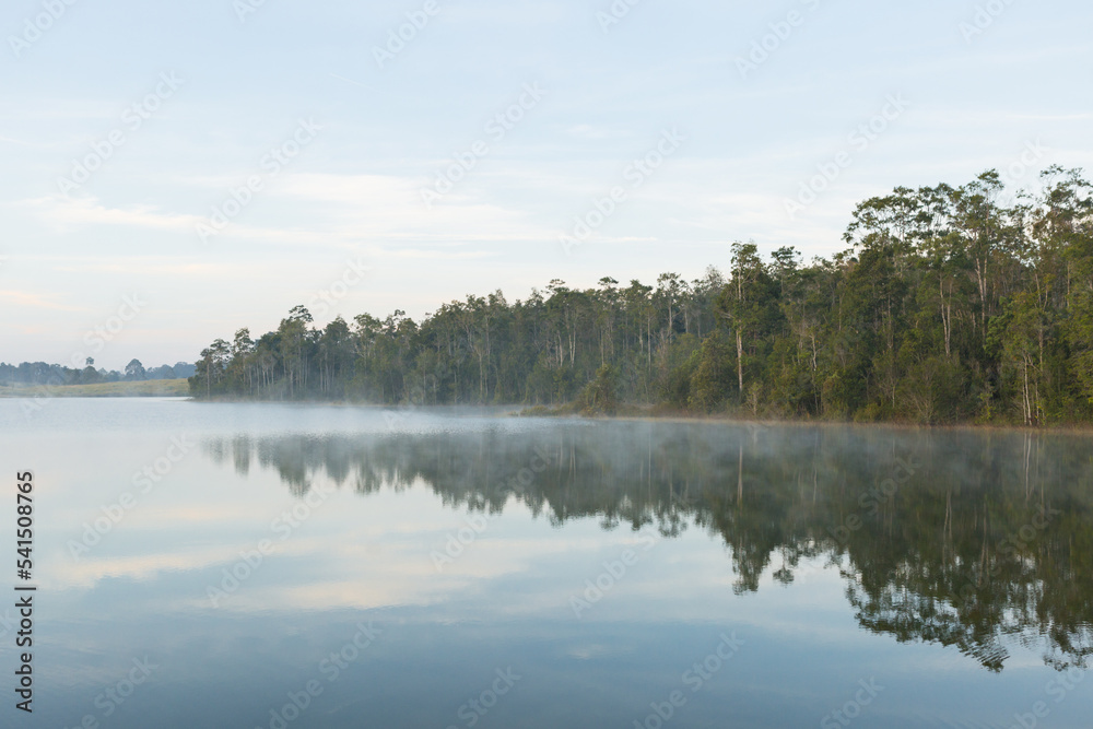 Beautiful nature and fog on the reservoir in Khao Yai National Park Thailand	