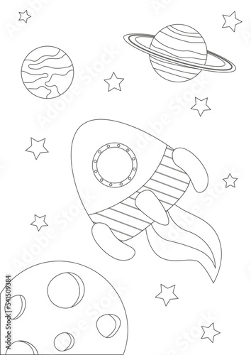 Space coloring page printable for children. Preschool Space. Cute alien, rocket ship, planet, stars. Coloring Book. Vector illustration.