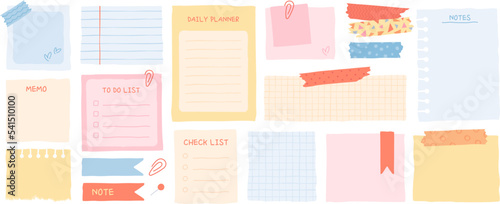 Cute paper notes for daily planner, hand drawn notebook sheets doodles. Washi tape with cute patterns, to do list, memo sheet stickers, blank diary decor elements vector set photo