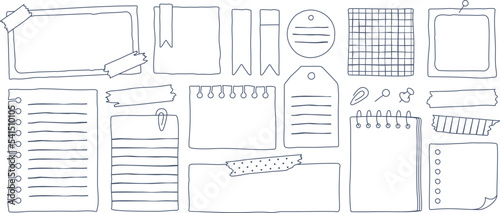 Hand drawn sketch paper notes, doodle notebook stickers, daily planner sheets with sticky tape. Blank diary note with pin, cute sticker for reminders or to do list vector set