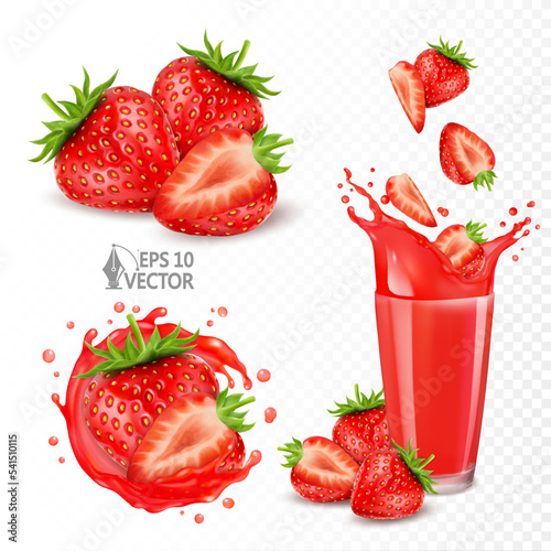 Set of red ripe strawberries and juicy splash. Fresh berries falling into natural juice in a glass. 3d realistic vector illustration isolated on white background