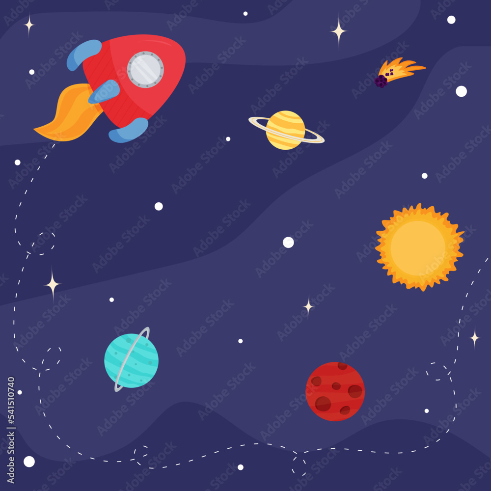Space background with rocket, sun, planets in cartoon style Space background with rocket, sun, planets in cartoon style