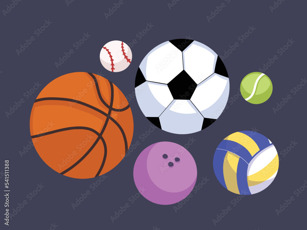 Vector illustration set of sport balls like soccer, volleyball, basketball, bowling, baseball, and tennis. Cartoon flat art style drawing