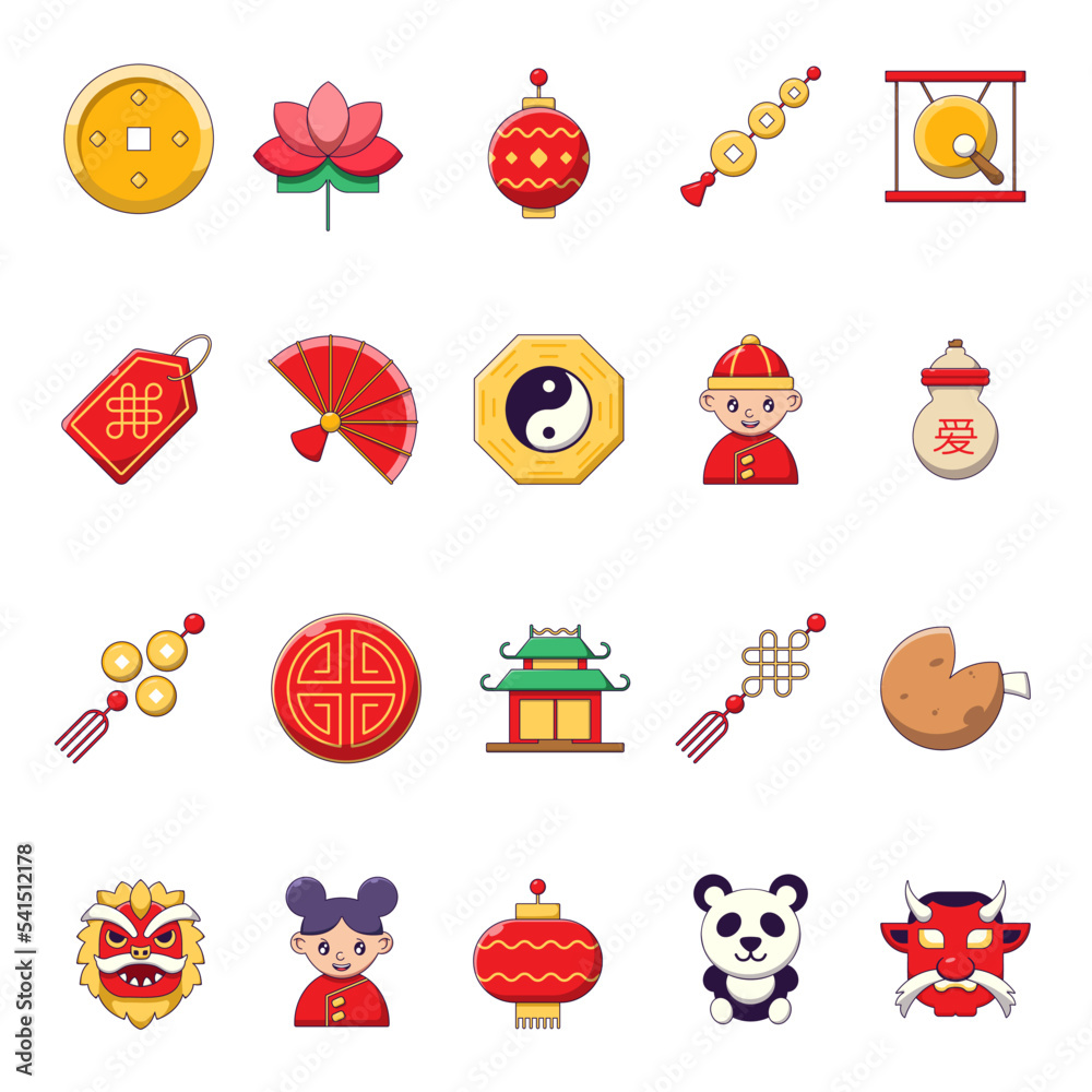 Chinese New Year concept. Collection of vivid cartoon images of coin, flower, amulet, gong, dragon mask and souvenirs. Perfect for web sites, adverts, shops, stores