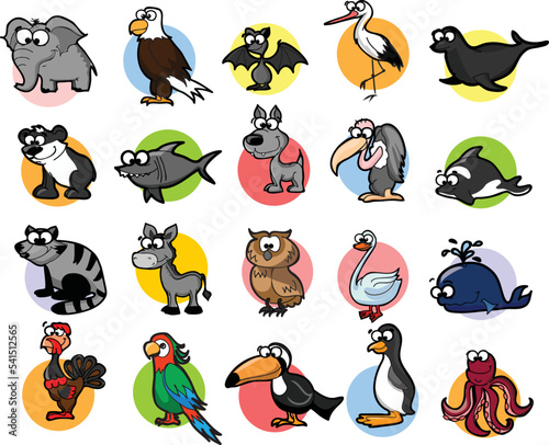 Big collection of cute cartoon animals,birds and sea creatures of the world.Big fauna of the world icon set.Vector illustrations