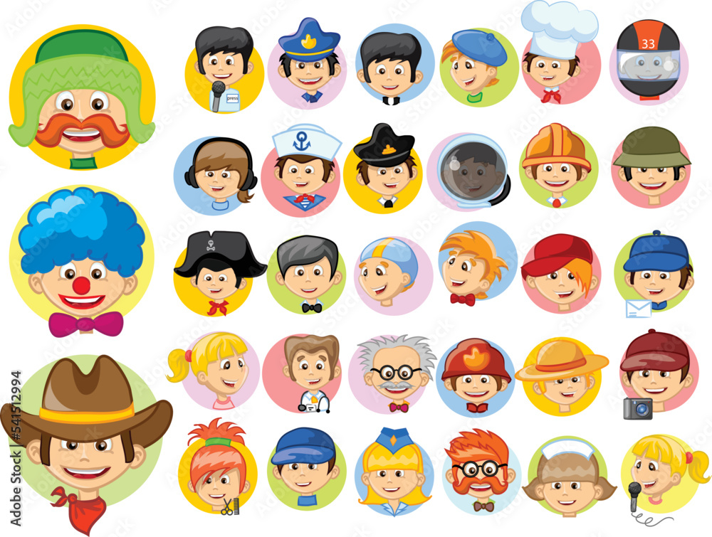 Kids in professional uniform. Children doing different job as builder, teacher, businessman, doctor and firefighter. Boys and girls choosing career. Characters employees isolated vector Kids in professional uniform. Children doing different job as builder, teacher, businessman, doctor and firefighter. Boys and girls choosing career. Characters employees isolated vector