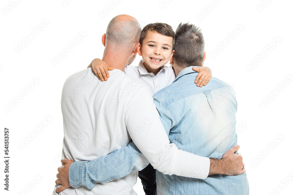 Two man couple with adopted child on white background Two man couple with adopted child on white background