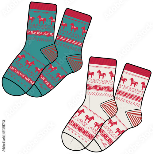 TRENDY WINTER PAIR OF SOCKS WITH SNOWFLAKES , BEAR AND POM POM BALLS IN EDITABLE VECTOR FILE