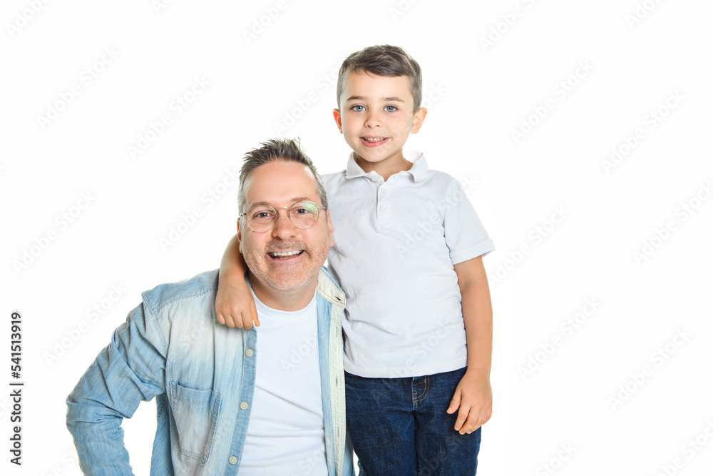 Happy men with adopted child on white background Happy men with adopted child on white background