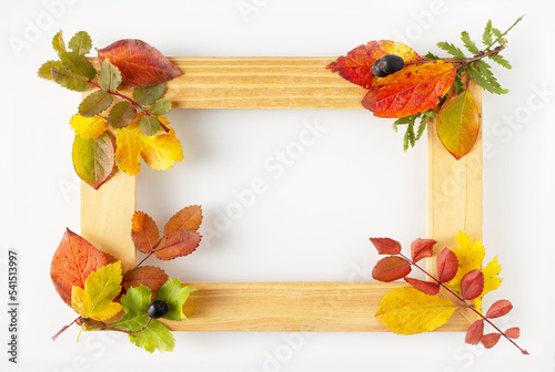 rectangular wooden frame decorated with colorful autumn leaves on a white background, space for text photo