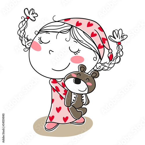 Illustration of a girl wearing hearts nightgown hugging her Teddy Bear