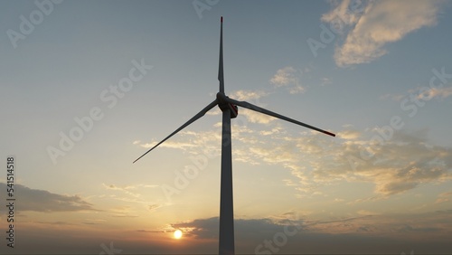 Wind turbine farm with rays of light at sunset.  Close up wind turbine, 3d rendering.
