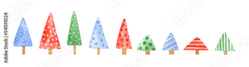 Christmas trees collection. Watercolor illustration with cartoon christmas trees with various textures, green, red and blue colors © Anna