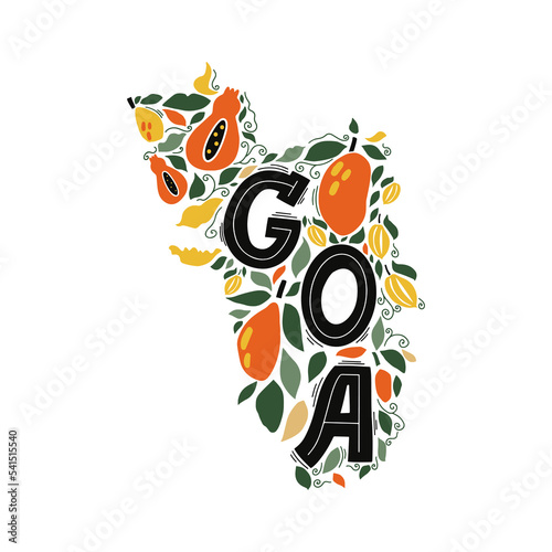 Illustration with goa fruit map. Visit India concept. Poster design or postcard illustration. Business travel card.