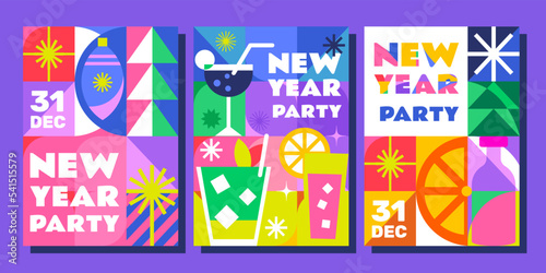 A set of 3 templates for a New Year's or Christmas party. Perfect as an advertisement, postcard, invitation, banner, cover, poster and more. A4 format