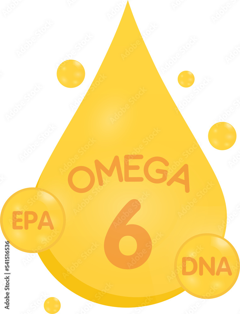 Omega 6 gold icon. Vitamin drop pill capsule. Shining golden essence