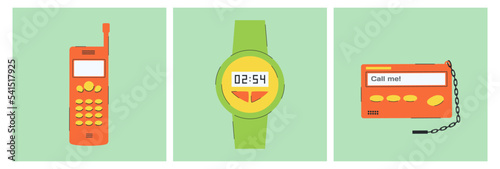 Set of phone and watch of the 1990s. Set of vector elements in retro design. 90's style vector objects.