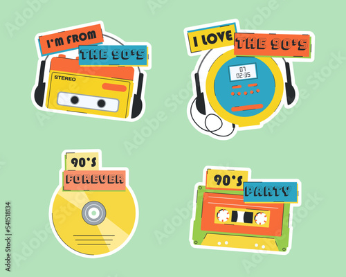 Set of vector stickers in the style of 1990's. Retro music gadget. Vector tape and player.