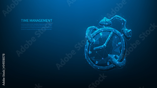 alarm clock management digital technology.business time planning low poly wireframe. working time and organization efficiency.project deadline concept. wake up on blue background. vector illustration.