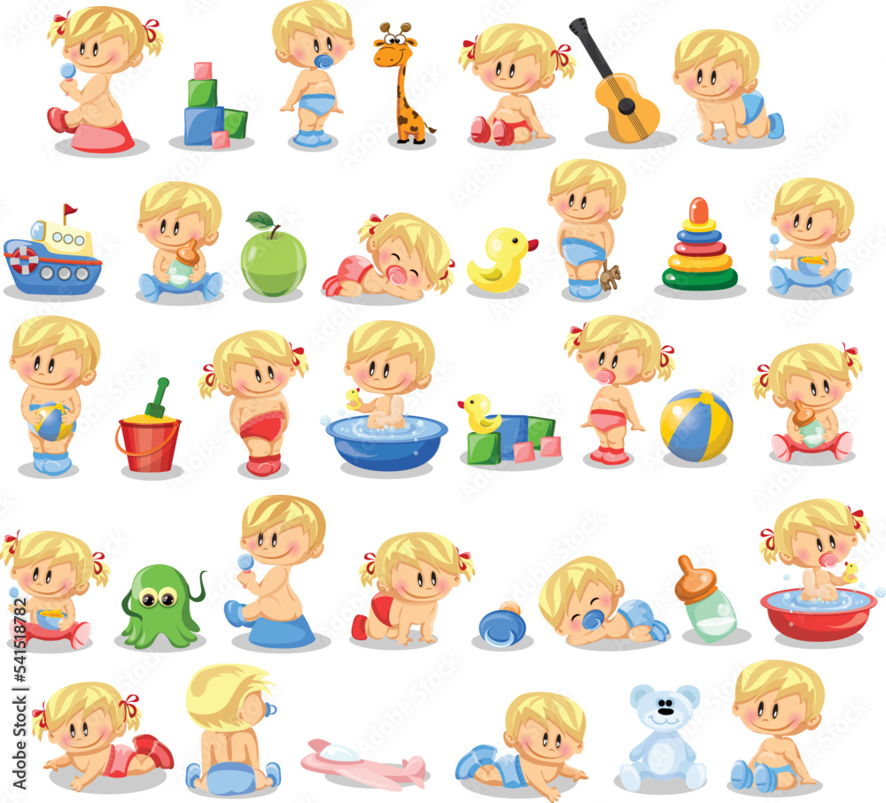 Set with cute little baby in different situations. Playing, sleeping, sitting, lying, crawling baby. Happy smiling newborn boy or girl Set with cute little baby in different situations. Playing, sleeping, sitting, lying, crawling baby. Happy smiling newborn boy or girl