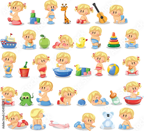 Set with cute little baby in different situations. Playing, sleeping, sitting, lying, crawling baby. Happy smiling newborn boy or girl