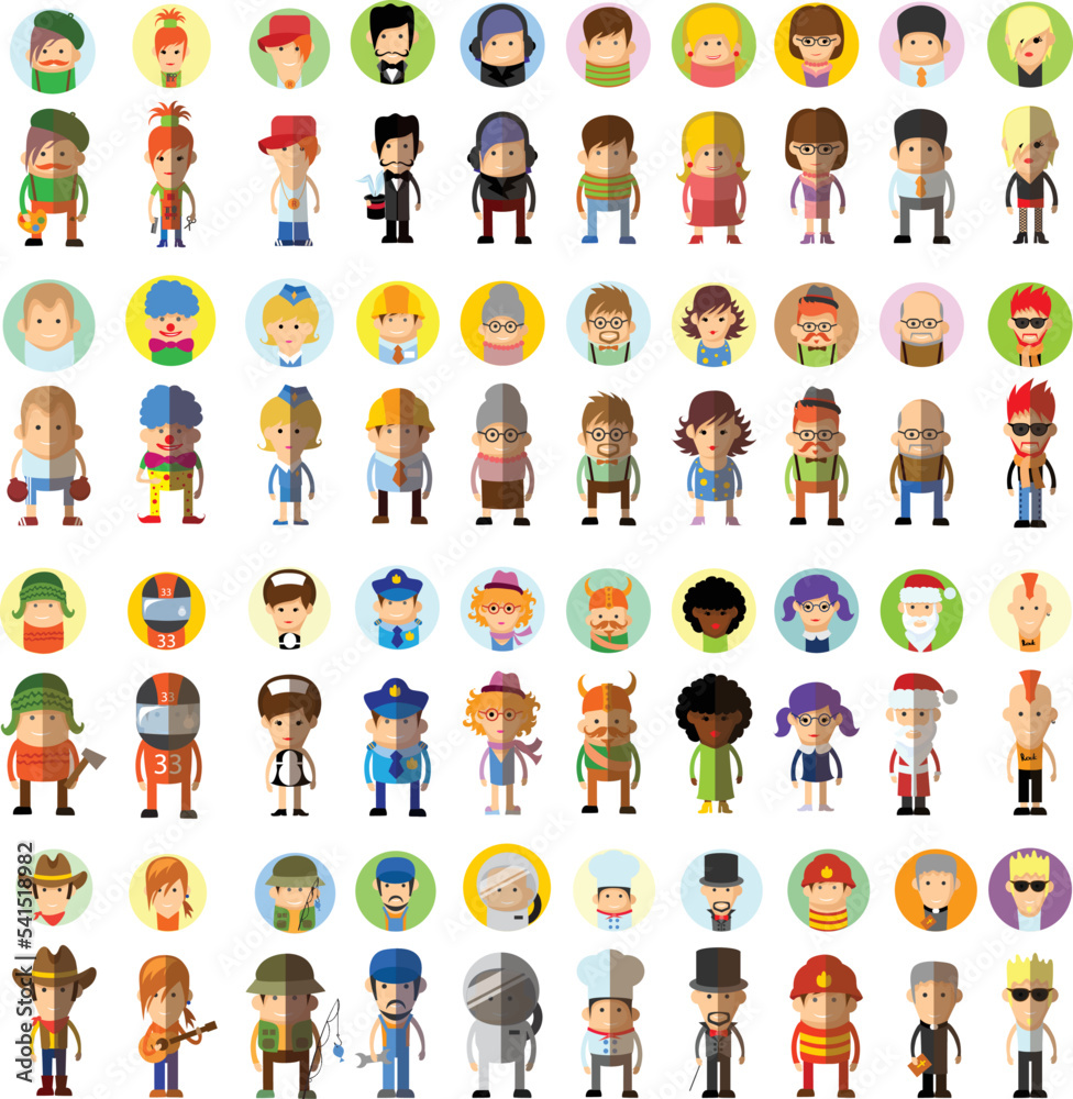 Big set of different professions flat cartoon characters. Group of workers isolated on white background. Big set of different professions flat cartoon characters. Group of workers isolated on white background.