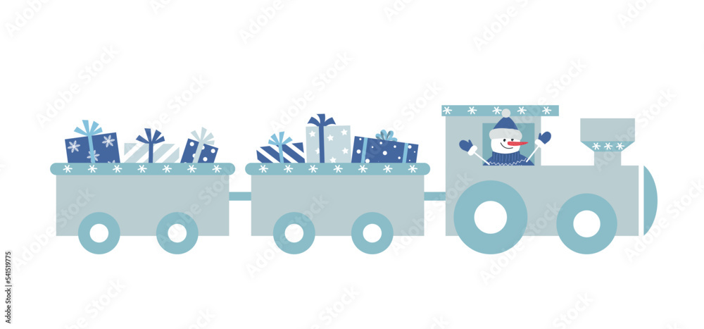 Christmas train with gifts and snowman. Template for greeting card. Vector illustration in gray and blue colors