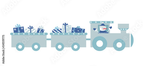 Christmas train with gifts and snowman. Template for greeting card. Vector illustration in gray and blue colors
