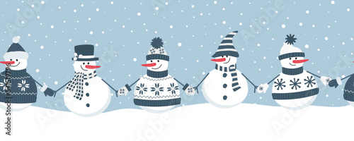snowmen rejoice in winter holidays. Seamless border. Christmas background.  different snowmen in blue winter clothes holding hands. Vector illustration