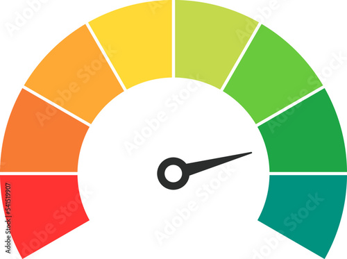Vector speedometer meter with arrow for dashboard with green, yellow, orange and red indicators. Gauge of tachometer. Low, medium, high and risk levels. Bitcoin fear and greed index cryptocurrency