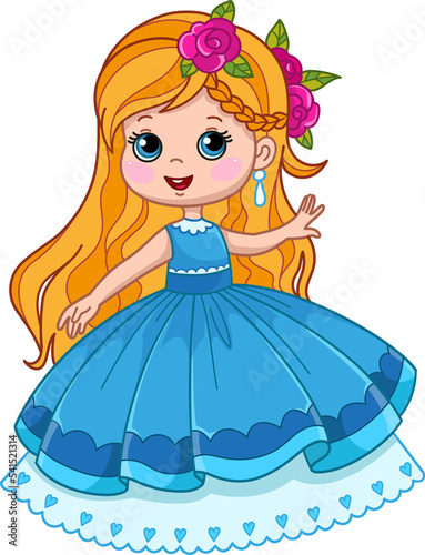 Little Princess in cartoon cute style. A festive blue ball gown on a dancing girl who has a birthday. Stylized illustration with child character. Hand drawing, isolated. Fun print for baby