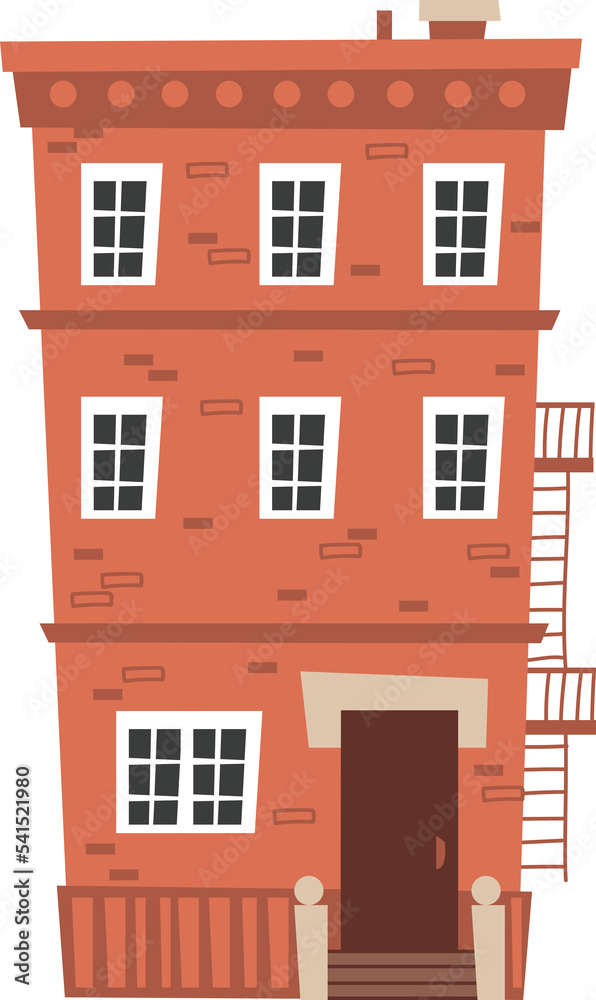 Cartoon brick multi-storey house icon. Illustration, drawing by hand on a white background. Cute childish art architecture in flat style