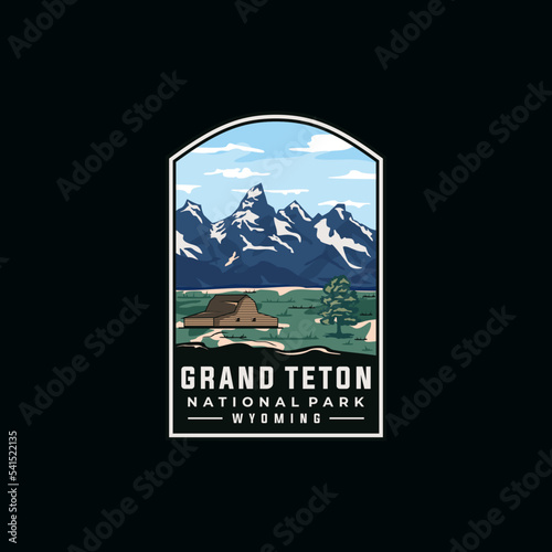 Grand teton national park vector template. Wyoming america landmark illustration in patch style. photo