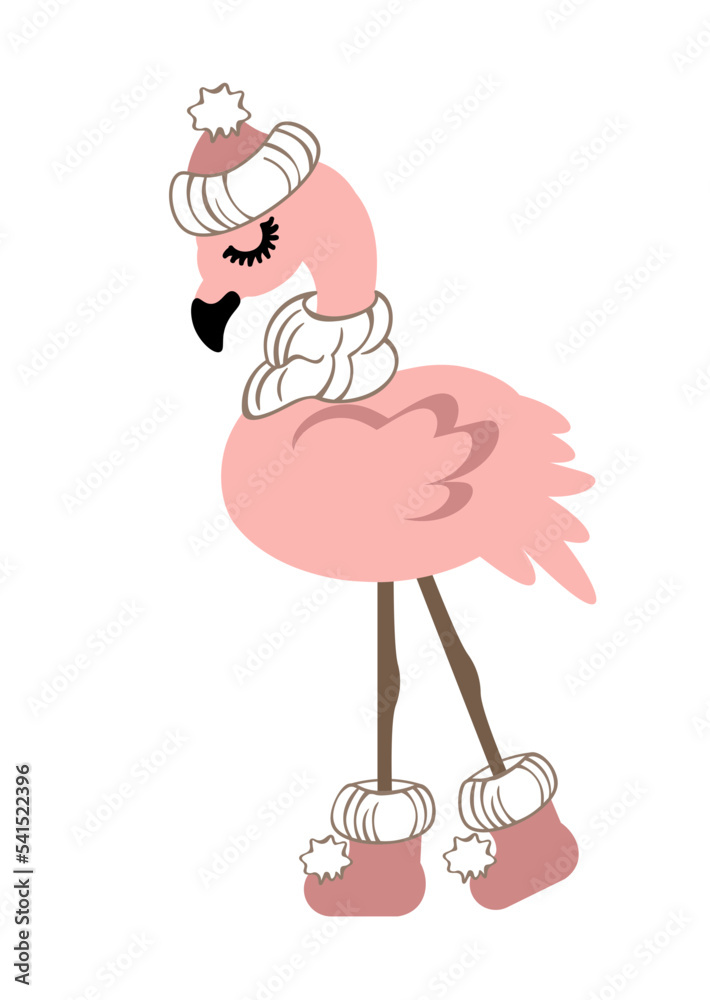 Flamingo pink. Winter hat. Christmas design. Isolated on transparent background.	