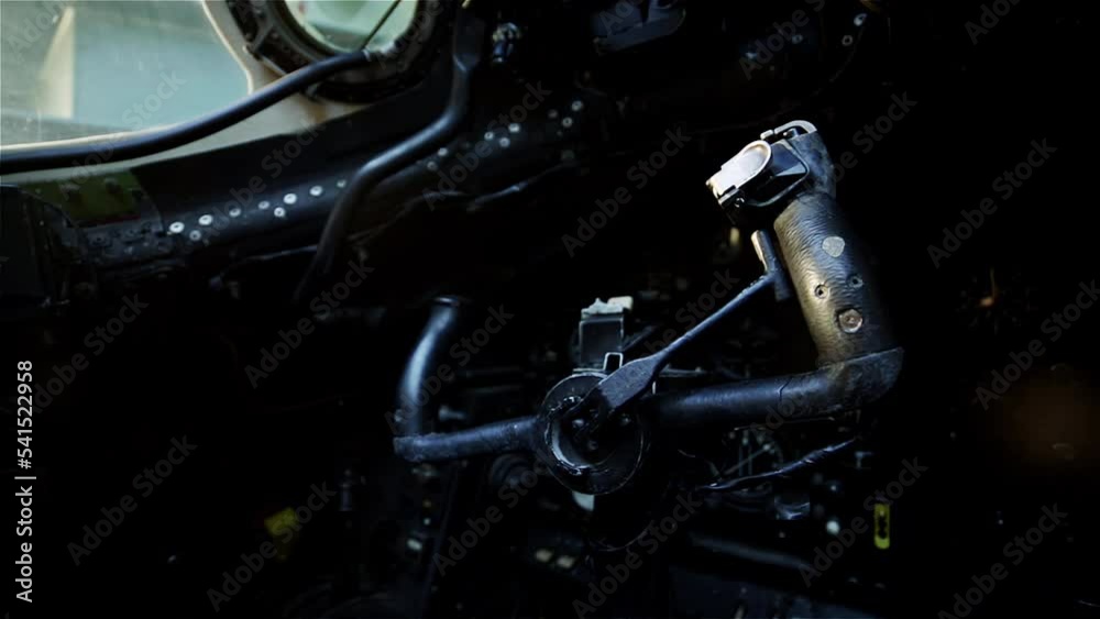 View Of A Yoke In Old Aircraft Surrounded By Many Gauges, Levers And Switches. 4K Resolution. View Of A Yoke In Old Aircraft Surrounded By Many Gauges, Levers And Switches. 4K Resolution.