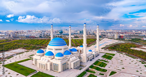 Nur-Sultan, Kazakhstan largest big mosque in Central Asia, Astana Aerial drone view photo