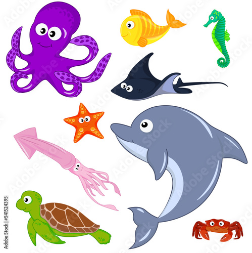 Inhabitants of the deep sea. Squid, turtle, dolphin, stingray, fish, crab, seahorse, octopus. Cartoon vector illustration for kids