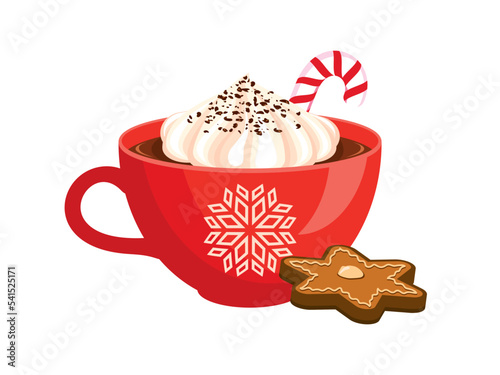 Red mug of hot chocolate with whipped cream and gingerbread icon vector. Winter cocoa hot drink icon isolated on a white background. Christmas beverage with candy cane drawing