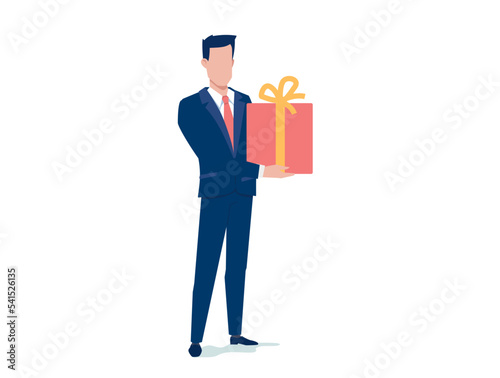 Vector business illustration of business man hold gift box on white color background. Flat style design of man with present