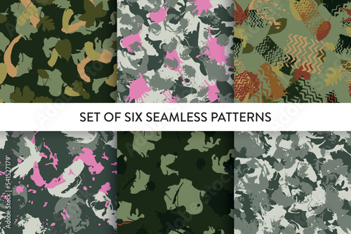 Camouflage style abstract seamless repeat pattern set. Vector illustration. Trendy military pattern collection with hand drawn stain, splash, spot, blot, leaves, tire. 