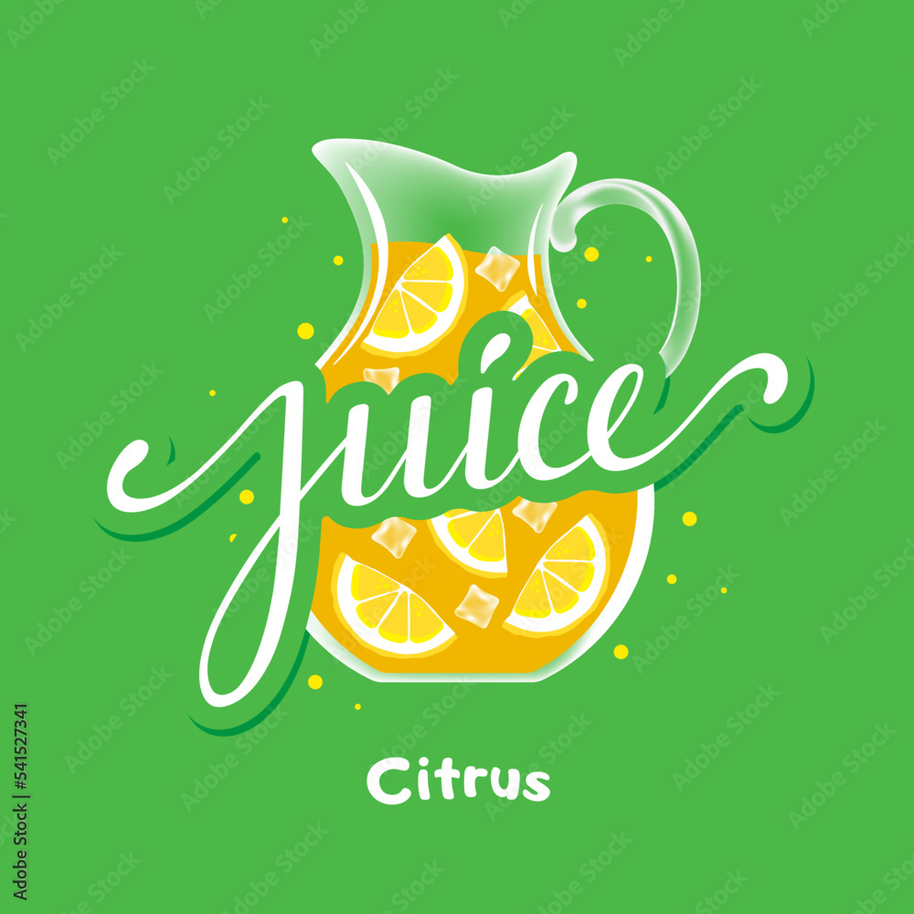 Naklejka premium Glass jug with lemon and orange slices and ice cubes on a green background. The concept of advertising, cold drinks, homemade lemonades and natural juices. Vector, illustration